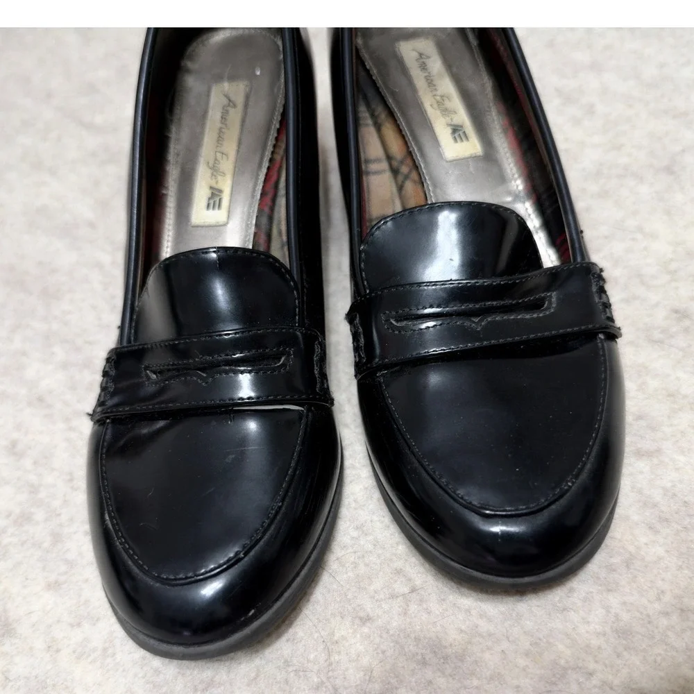 Y2K Heeled Penny Loafers Black Patent Leather Block Heel Shoes 8 Twee Preppy Mod_12